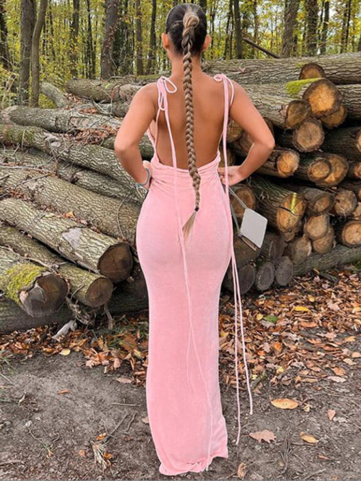 Sultry Backless Strappy Halter Neck Dress with Long Skirt