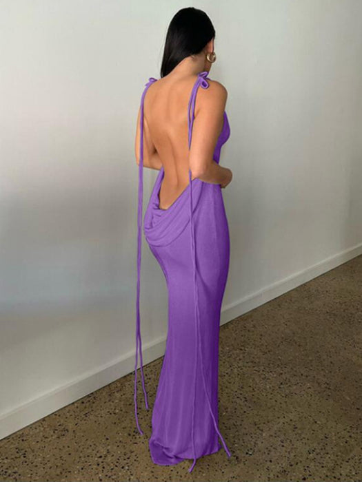 Sultry Backless Strappy Halter Neck Dress with Long Skirt