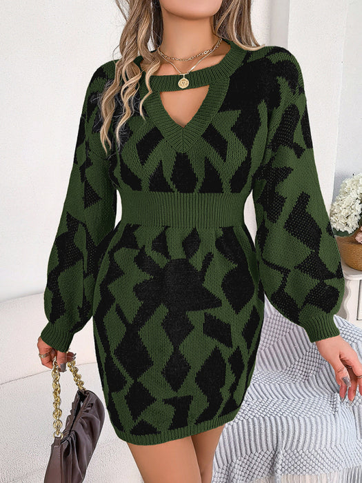 Chic Color-Blocked Lantern Sleeve Sweater Dress