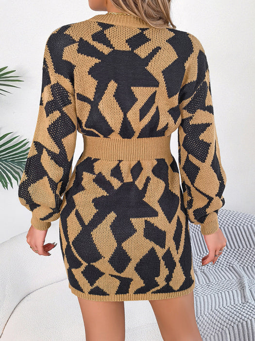 Chic Color-Blocked Lantern Sleeve Sweater Dress