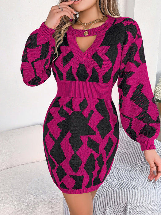 Chic Color-Blocked Lantern Sleeve Sweater Dress