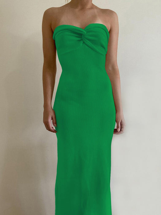 Strapless Woolen Dress with Cross Knit Detail - Chic and Elegant