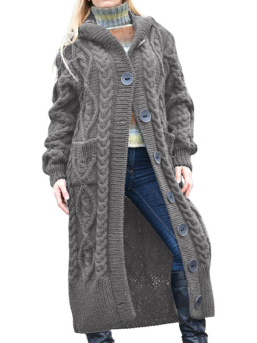 Women Woolen Knit Button Long Cardigan