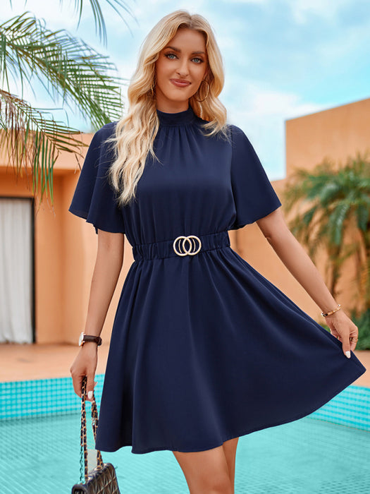 Solid color half turtleneck short-sleeved casual dress with belt