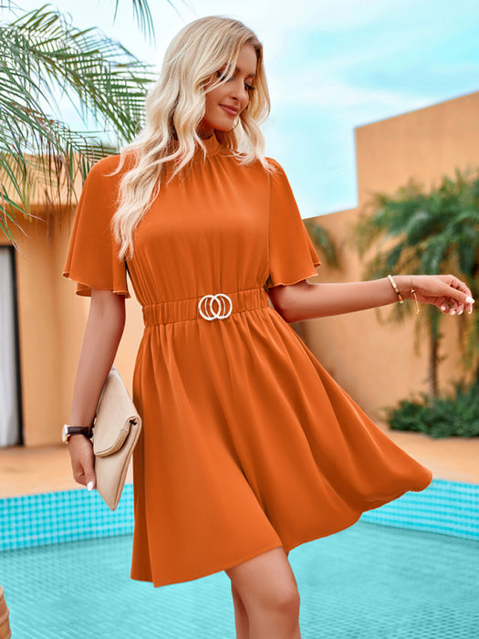 Solid color half turtleneck short-sleeved casual dress with belt