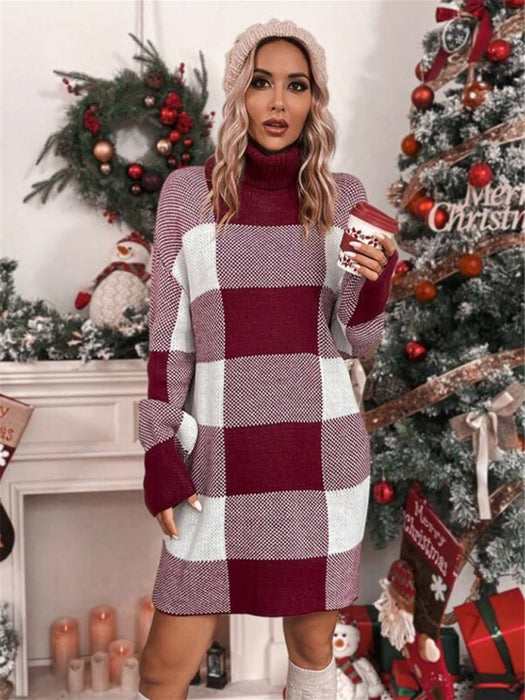 Holiday Vibes Turtleneck Plaid Sweater Dress