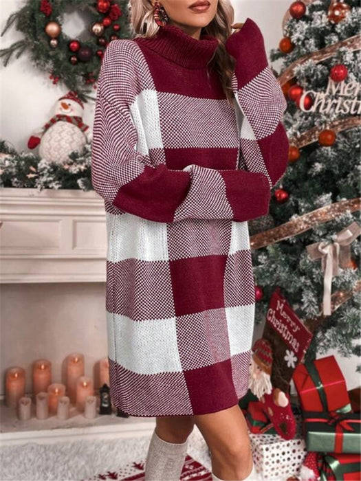 Holiday Vibes Turtleneck Plaid Sweater Dress