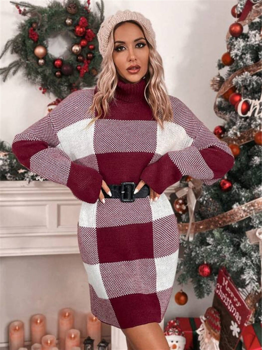 Holiday Vibes Turtleneck Plaid Sweater Dress