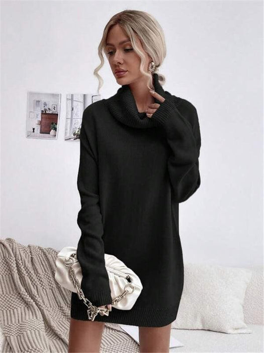 Elegant Solid Color Turtleneck Knit Sweater Dress for Women