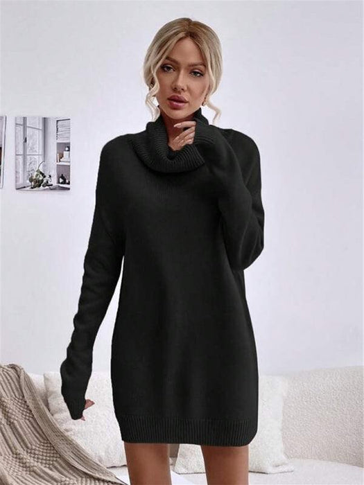 Elegant Solid Color Turtleneck Knit Sweater Dress for Women