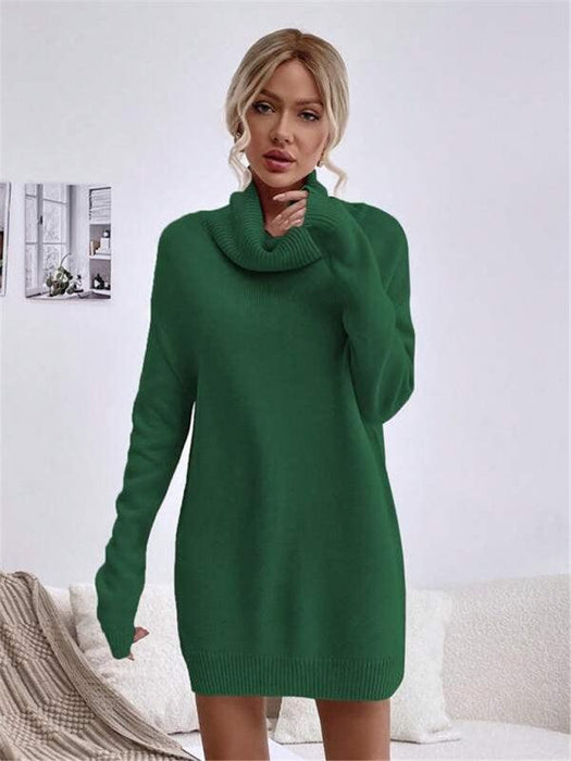 Elegant Solid Color Turtleneck Knit Sweater Dress for Women