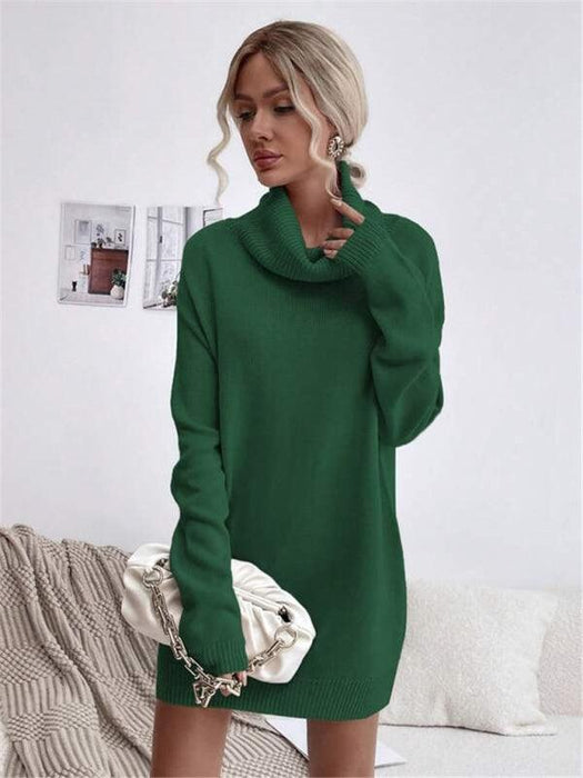 Elegant Solid Color Turtleneck Knit Sweater Dress for Women