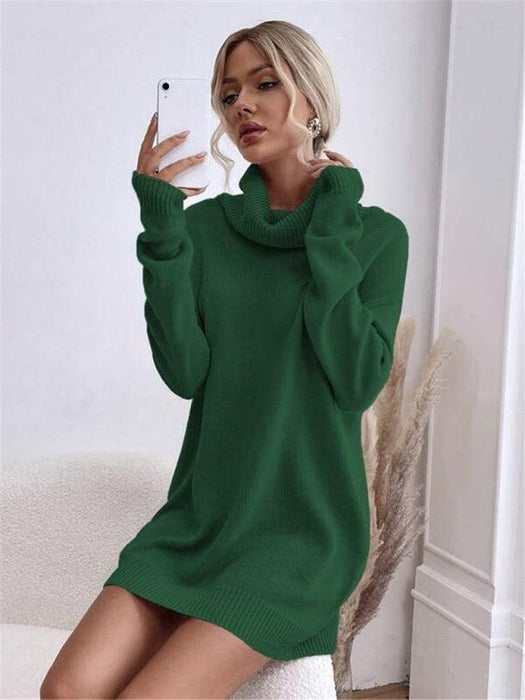 Elegant Solid Color Turtleneck Knit Sweater Dress for Women