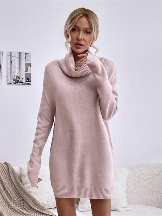 Elegant Solid Color Turtleneck Knit Sweater Dress for Women