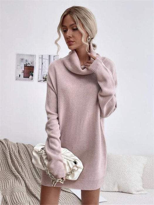 Elegant Solid Color Turtleneck Knit Sweater Dress for Women