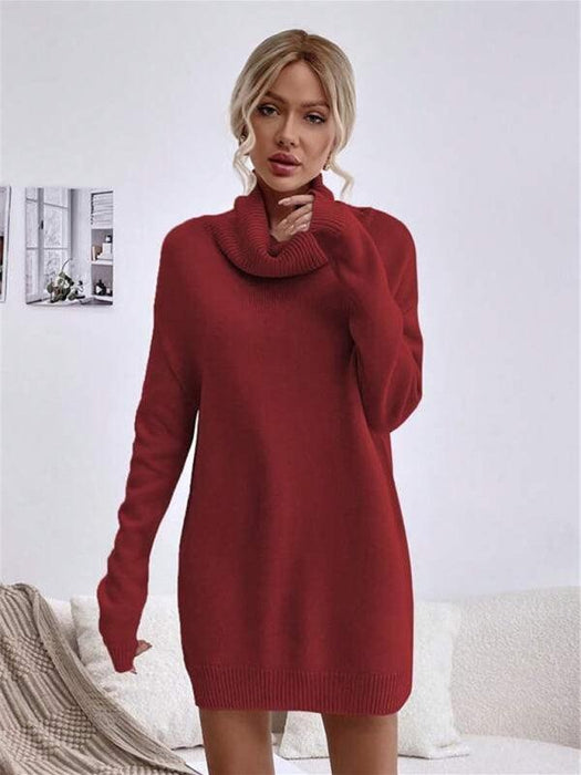 Elegant Solid Color Turtleneck Knit Sweater Dress for Women