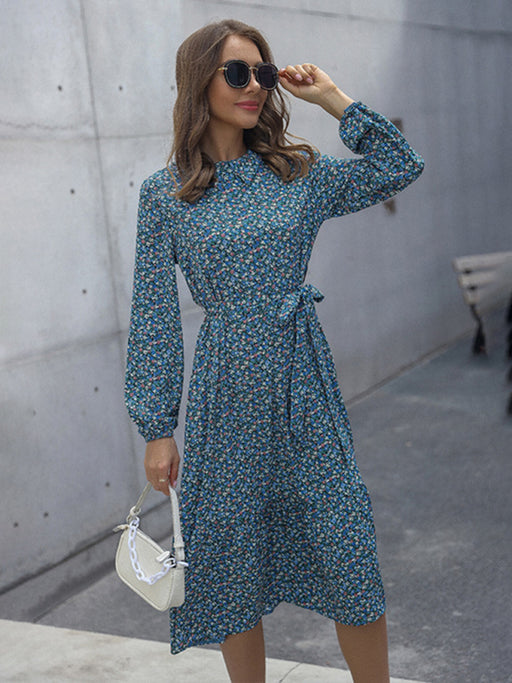 Women's casual half turtleneck waisted floral dress