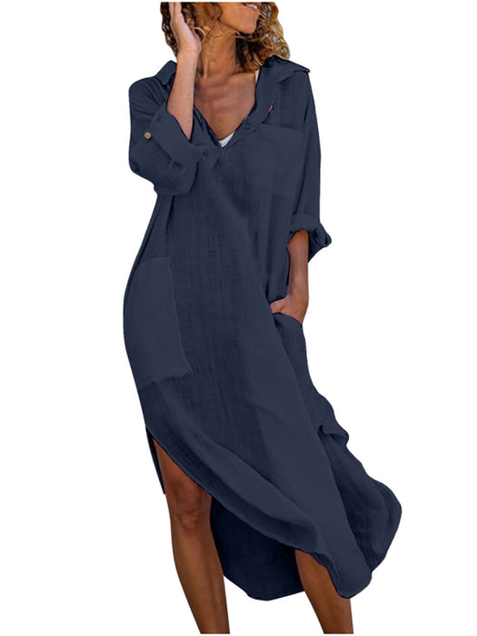 Solid color buttoned slit loose breathable casual long shirt dress