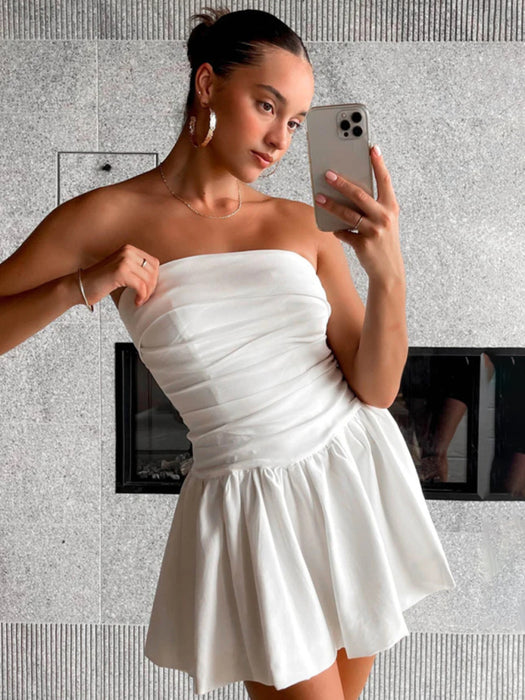 Women Pleated Strapless Mini Dress