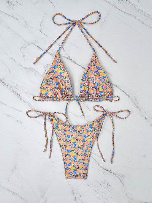 Floral Lace-Up Bikini Set with Retro Strappy Design