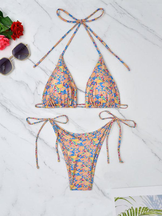 Retro-Inspired Floral Lace-Up Bikini Set