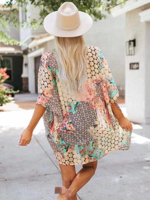 Floral Chiffon Sun Protection Cardigan - Short-Sleeved Fashion Cover-Up