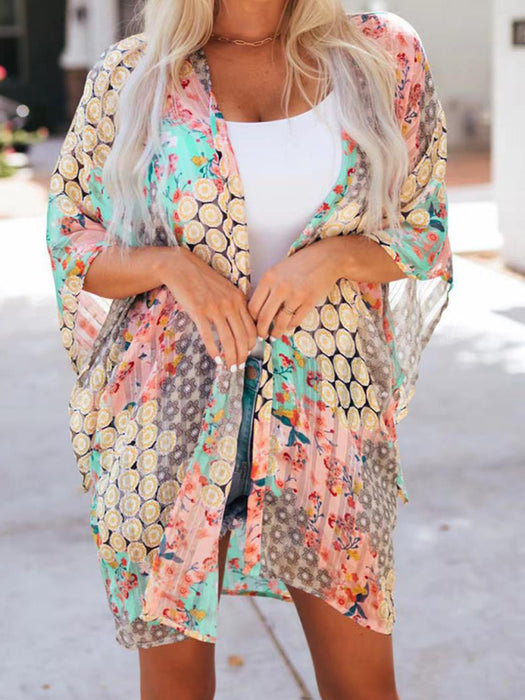 Floral Chiffon Sun Protection Cardigan - Short-Sleeved Fashion Cover-Up