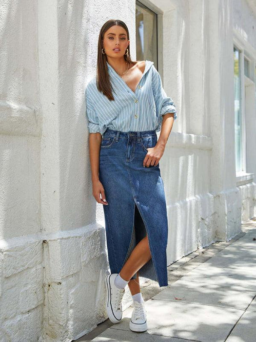 Trendy High-Waisted Denim A-Line Skirt with Slit - Your Must-Have for Spring and Summer