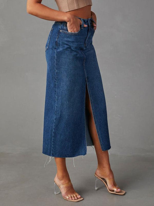 Trendy High-Waisted Denim A-Line Skirt with Slit - Your Must-Have for Spring and Summer