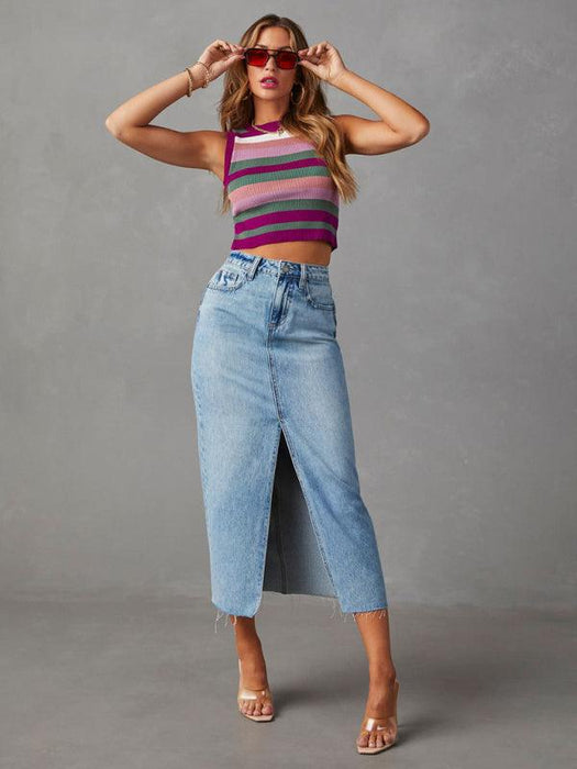 Trendy High-Waisted Denim A-Line Skirt with Slit - Your Must-Have for Spring and Summer