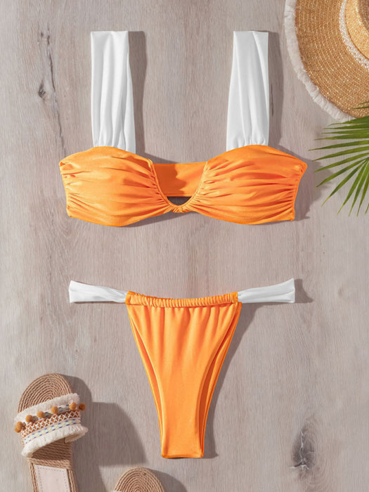 Solid Color Pleated V-Neck Push-Up Bikini Swimsuit