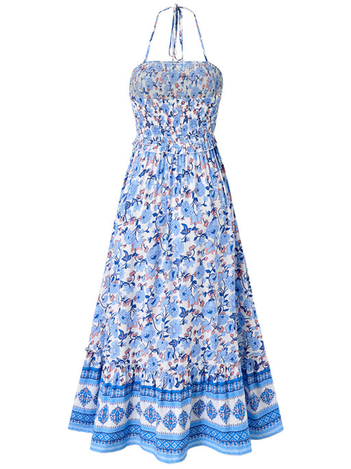 Bohemian Halter Neck Maxi Dress with Vibrant Print