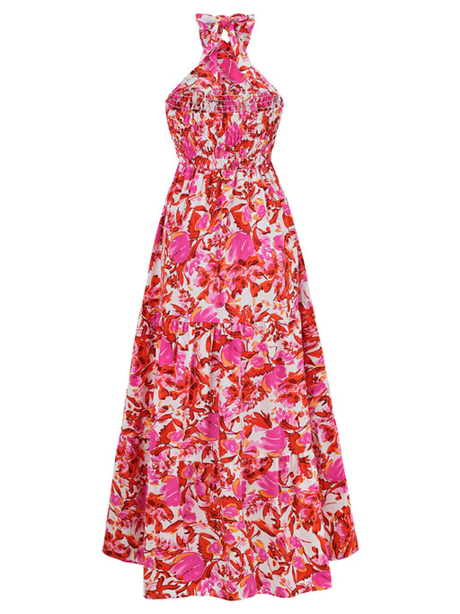 Romantic Floral Halter Maxi Dress with Ribbon Sleeves