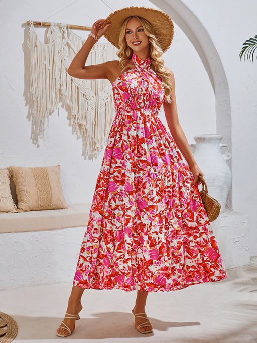 Romantic Floral Halter Maxi Dress with Ribbon Sleeves