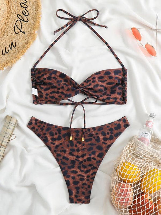 Leopard Charm High-Waisted Bikini Set with Adjustable Straps