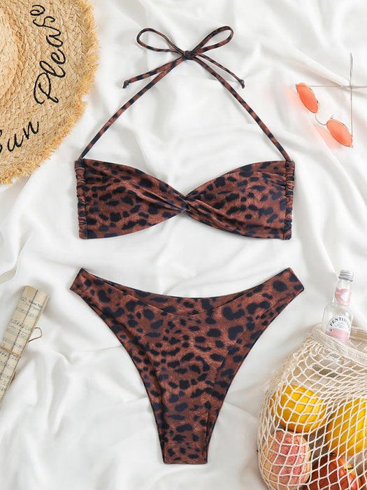 Leopard Charm High-Waisted Bikini Set with Adjustable Straps