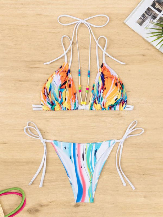 Vibrant Beaded Lace Triangle Bikini Set with Unique Split Design