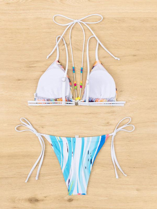 Vibrant Beaded Lace Triangle Bikini Set with Unique Split Design