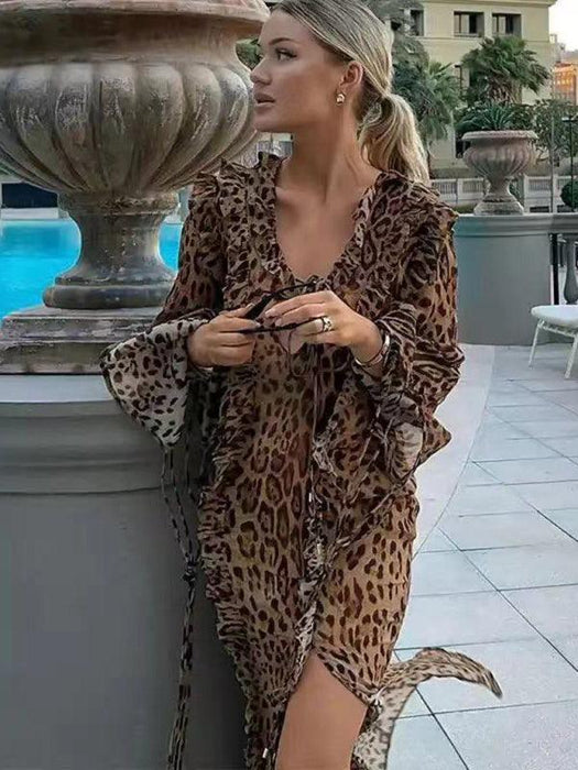 Chic Leopard Print Maxi Skirt with Ruffled Slit and Elegant Long Sleeves