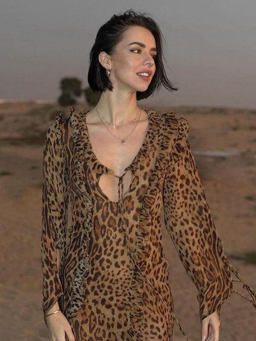 Chic Leopard Print Maxi Skirt with Ruffled Slit and Elegant Long Sleeves