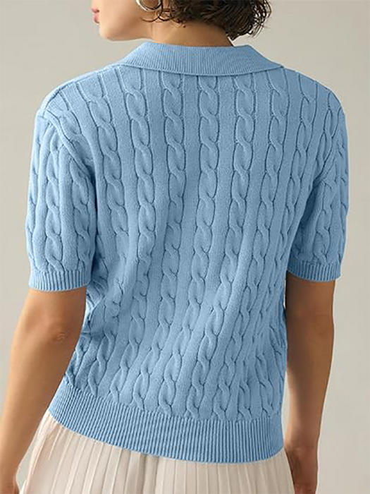 Women's Polo Neck Short Sleeve Knit Sweater Casual Solid Color Twisted Knit Sweater