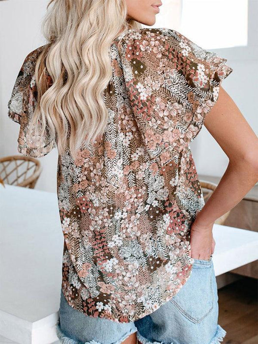 Relaxed Blooms | Women's loose-fit floral print v-neck top with short sleeves