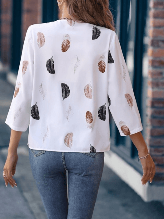 Feather Print V-Neck Casual Blouse with Cropped Sleeves