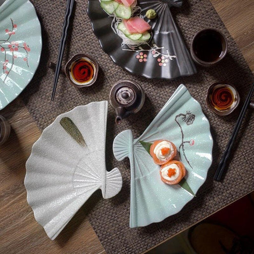 Artistic Japanese Fan-Shaped Ceramic Serving Plate - Sophisticated Tableware for Fine Dining