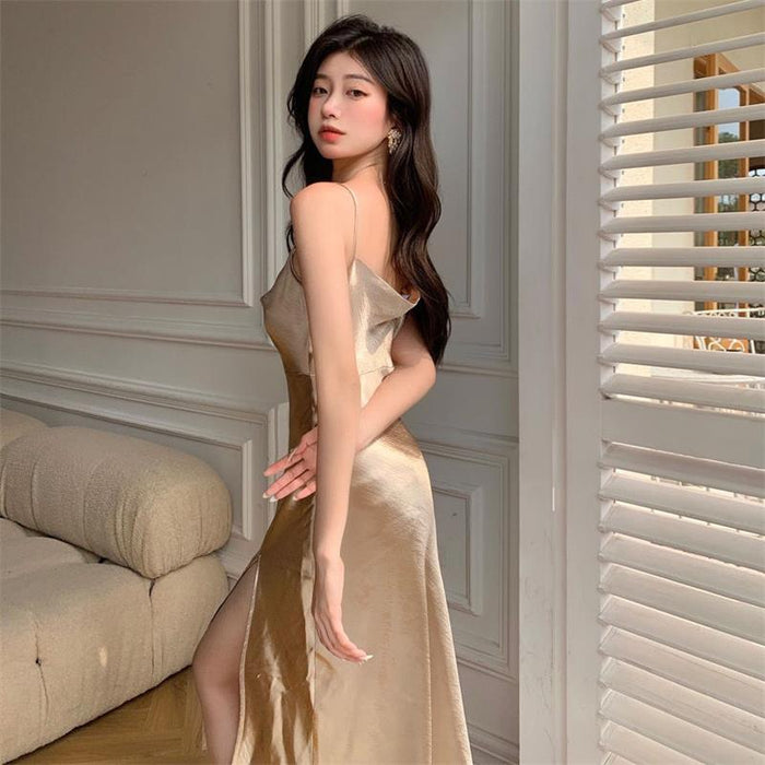 Chic Silver Satin Maxi Dress with High Slit - Elegant Sleeveless Sundress