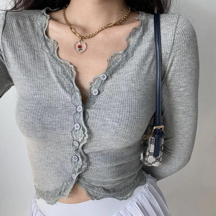 Luxe Grey Lace Patch V-Neck Knit Crop Top - Chic Women's Essential