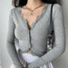 Luxe Grey Lace Patch V-Neck Knit Crop Top - Chic Women's Essential