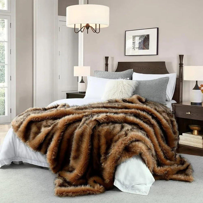 Luxurious Large Brown and Black Tipped Faux Fur Throw Scarf - Cozy Elegance in 104"x90" Size