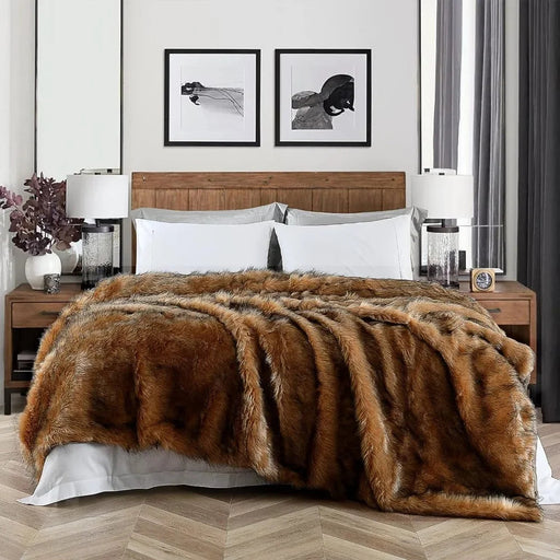 Super Cozy Brown and Black Tipped Oversized Faux Fur Blanket Scarf - Luxurious Decoration for 104"x90"