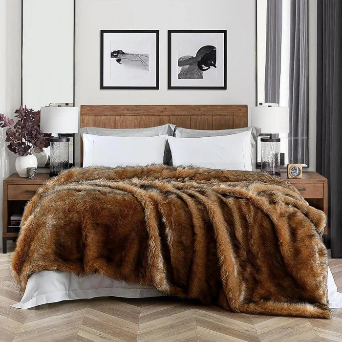 Luxurious Large Brown and Black Tipped Faux Fur Throw Scarf - Cozy Elegance in 104"x90" Size